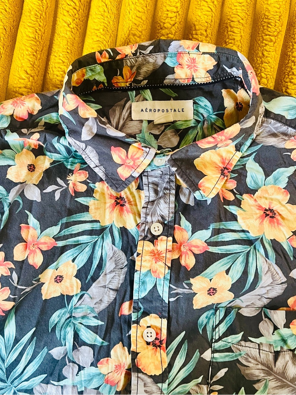 Aeropostale Men's Black Button-Down Hawaiian Tiki Shirt with Floral Print